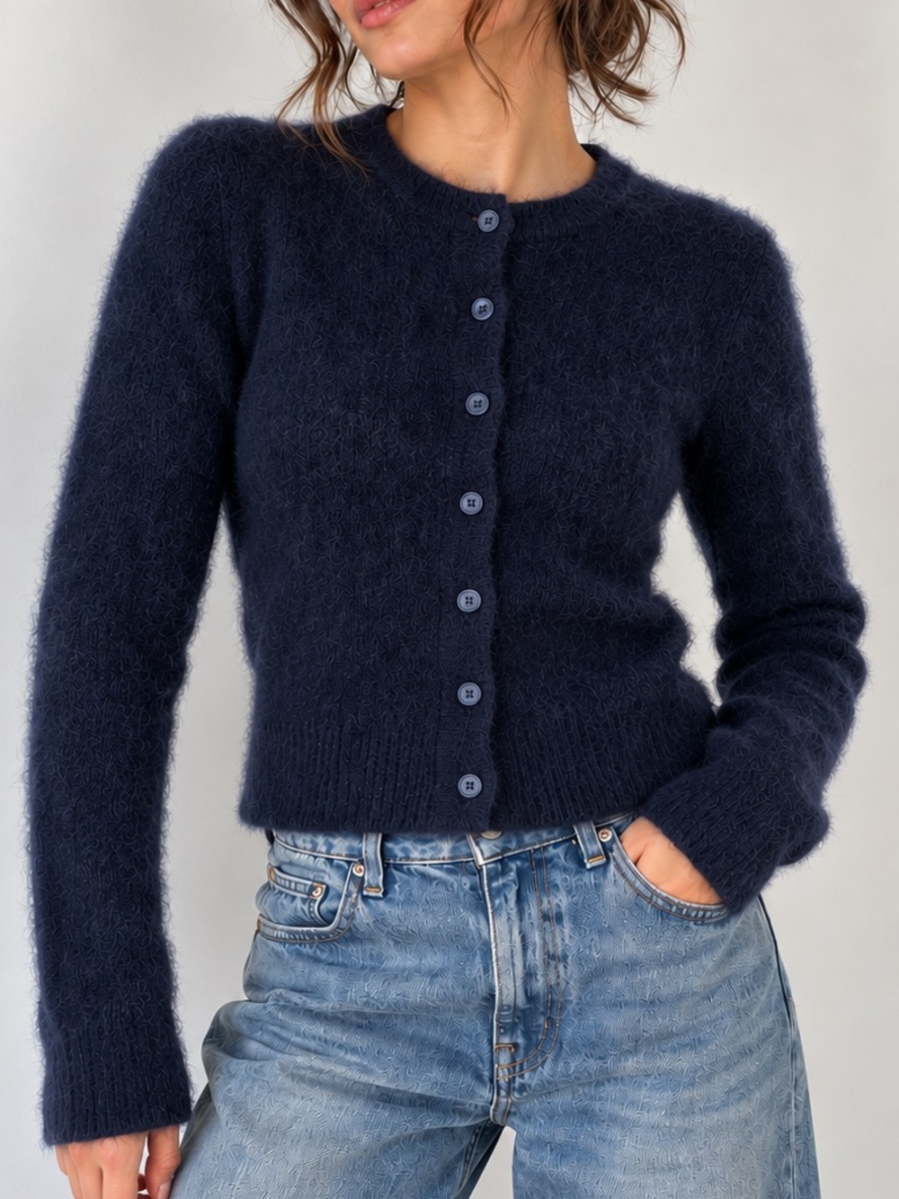 & Other Stories Navy Alpaca Wool Blend Fuzzy Cardigan XS